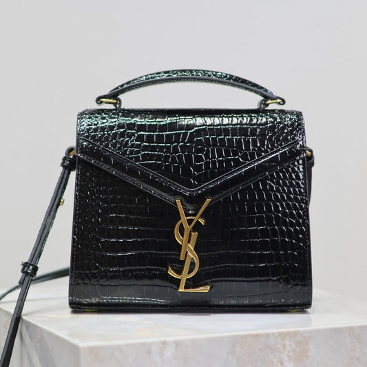 Luxury Saint Laurent CASSANDRA MINI TOP HANDLE BAG 20 IN BLACK CROCODILE-EMBOSSED GLOSSY CALFSKIN