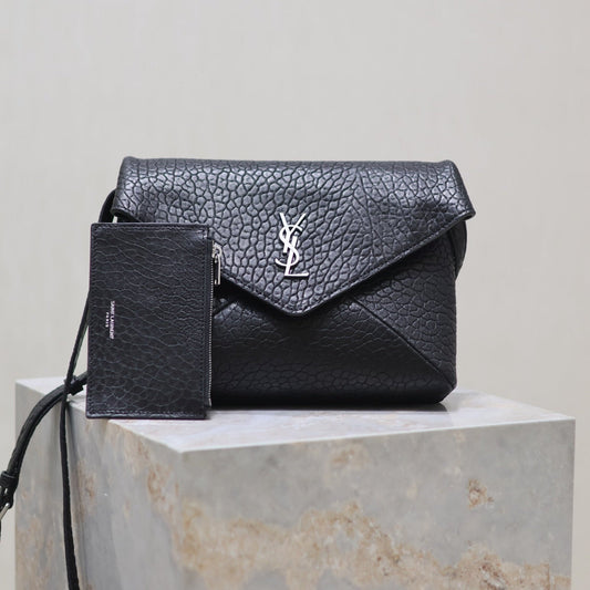 Luxury Saint Laurent ENVELOPE CHAIN BAG 23 IN BLACK ELEPHANT TEXTURE LAMBSKIN SILVER LOGO