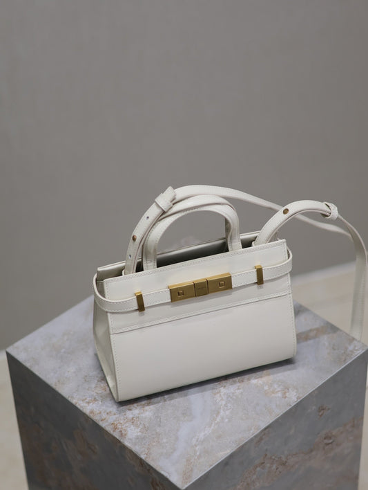 Luxury Saint Laurent MANHATTAN SMALL TOP HANDLE BAG 21 IN WHITE CALFSKIN GOLD HARDWARE