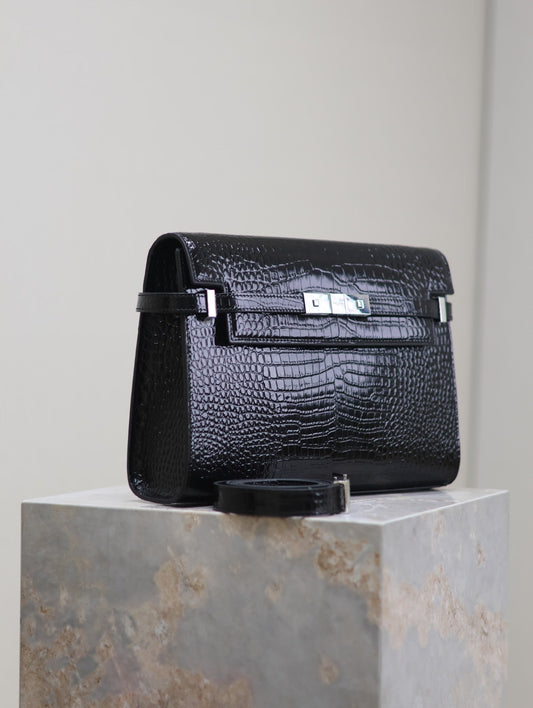 Luxury Saint Laurent MANHATTAN MEDIUM 29 IN BLACK CROCODILE-EMBOSSED CALFSKIN SILVER BUCKLE