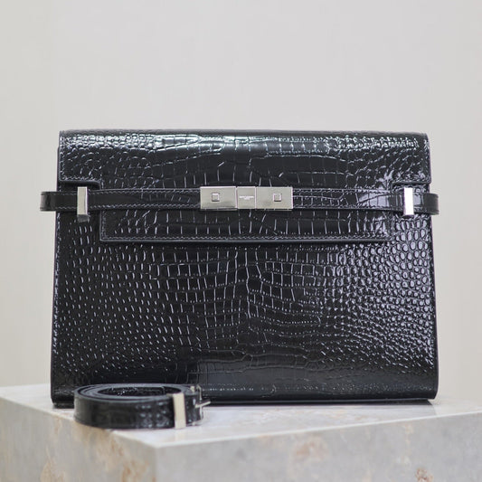 Luxury Saint Laurent MANHATTAN MEDIUM 29 IN BLACK CROCODILE-EMBOSSED CALFSKIN SILVER BUCKLE