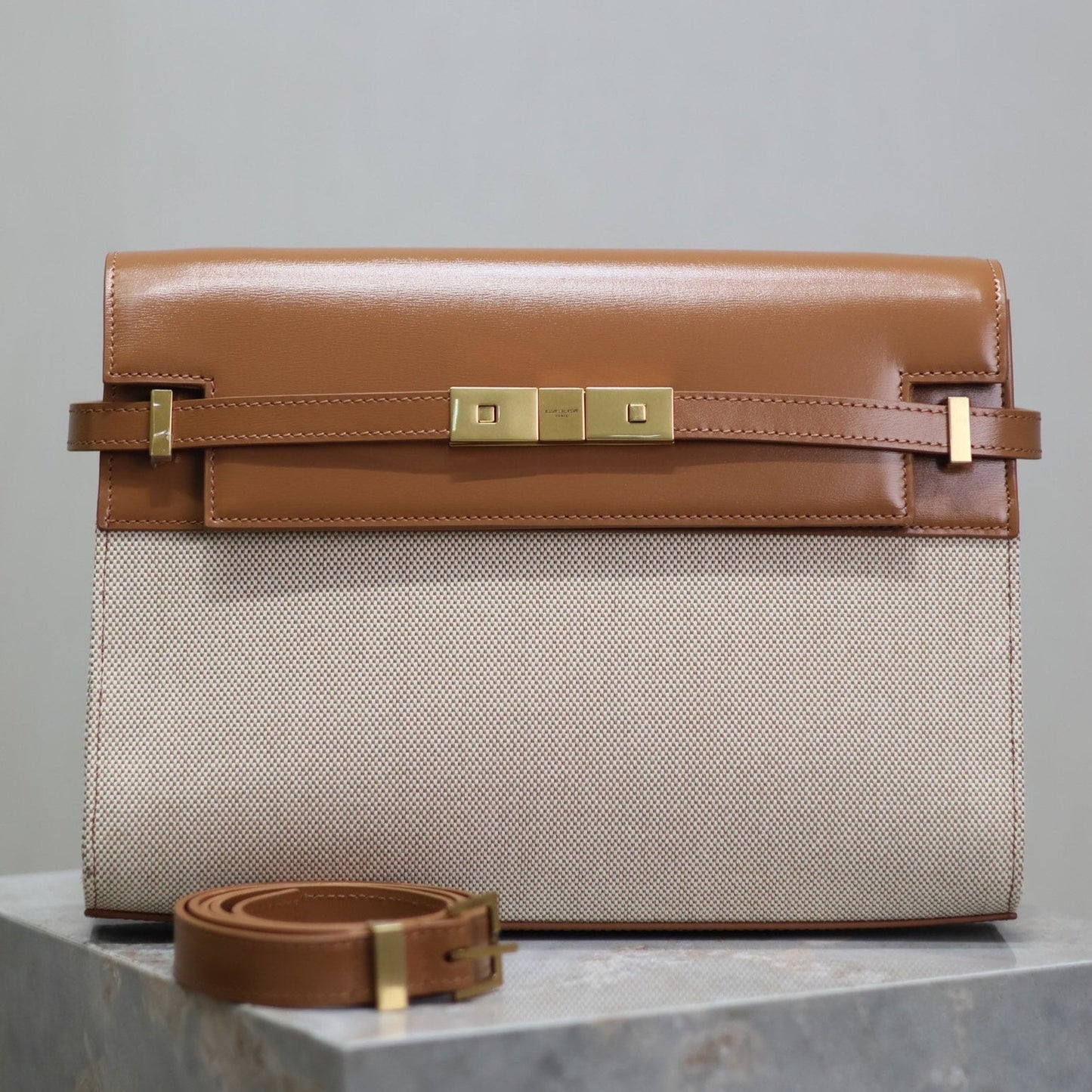 Luxury Saint Laurent MANHATTAN MEDIUM 29 IN WHITE CANVAS AND BROWN CALFSKIN GOLD BUCKLE