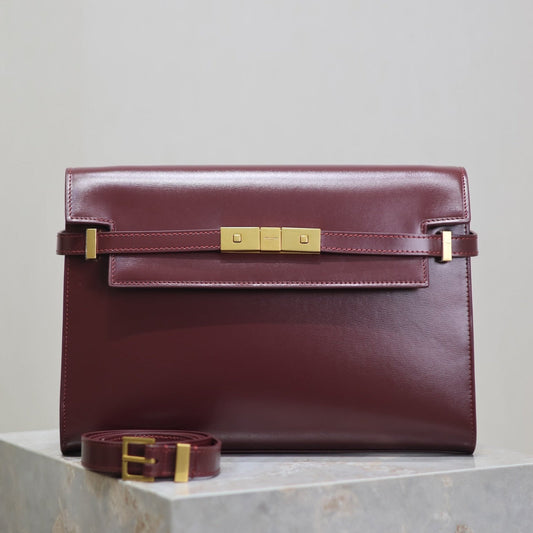 Luxury Saint Laurent MANHATTAN MEDIUM 29 IN WINE RED SMOOTH CALFSKIN GOLD BUCKLE
