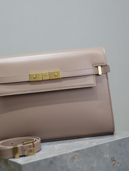Luxury Saint Laurent MANHATTAN MEDIUM 29 IN DARK BEIGE SMOOTH CALFSKIN GOLD BUCKLE