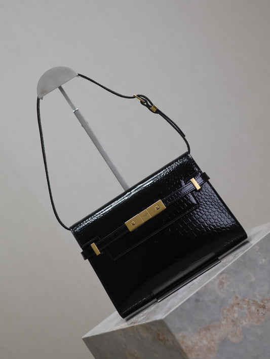 Luxury Saint Laurent MANHATTAN SMALL 24 IN BLACK CROCODILE PATTERN GLOSSY CALFSKIN GOLD BUCKLE