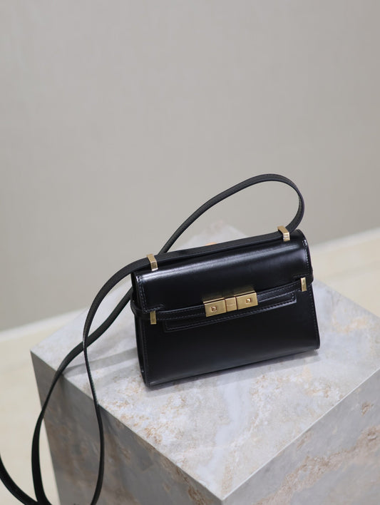 Luxury Saint Laurent MANHATTAN MINI 19 IN BLACK SMOOTH LAMBSKIN GOLD BUCKLE