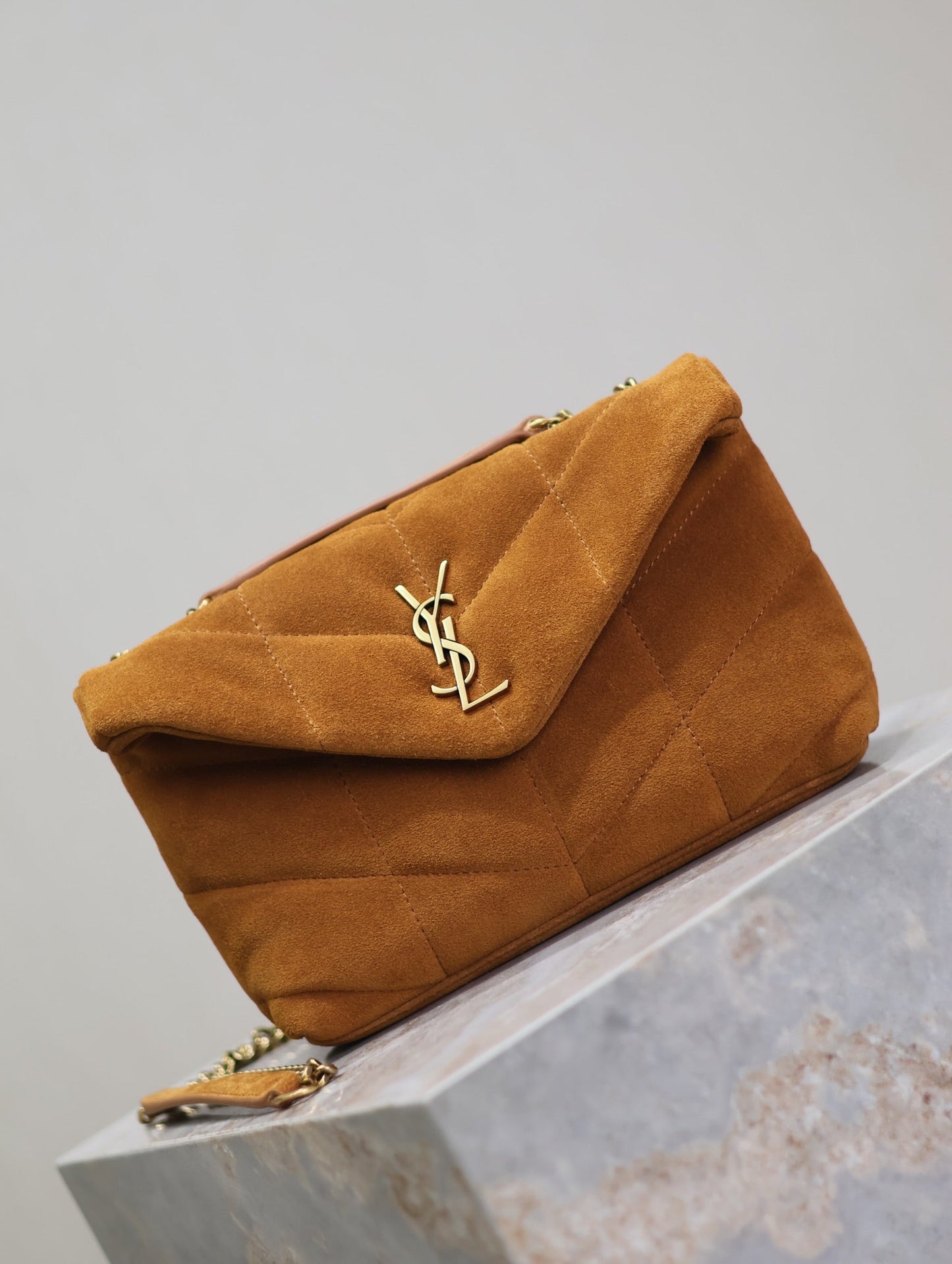 Luxury Saint Laurent PUFFER TOY 23 IN BRONZE BROWN SUEDE GOLD HARDWARE