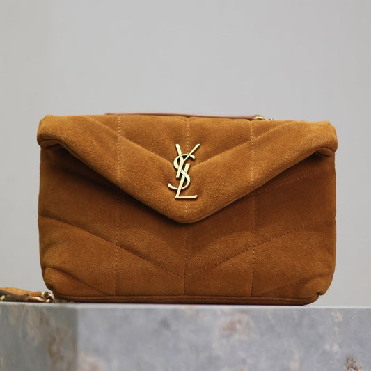 Luxury Saint Laurent PUFFER TOY 23 IN BRONZE BROWN SUEDE GOLD HARDWARE