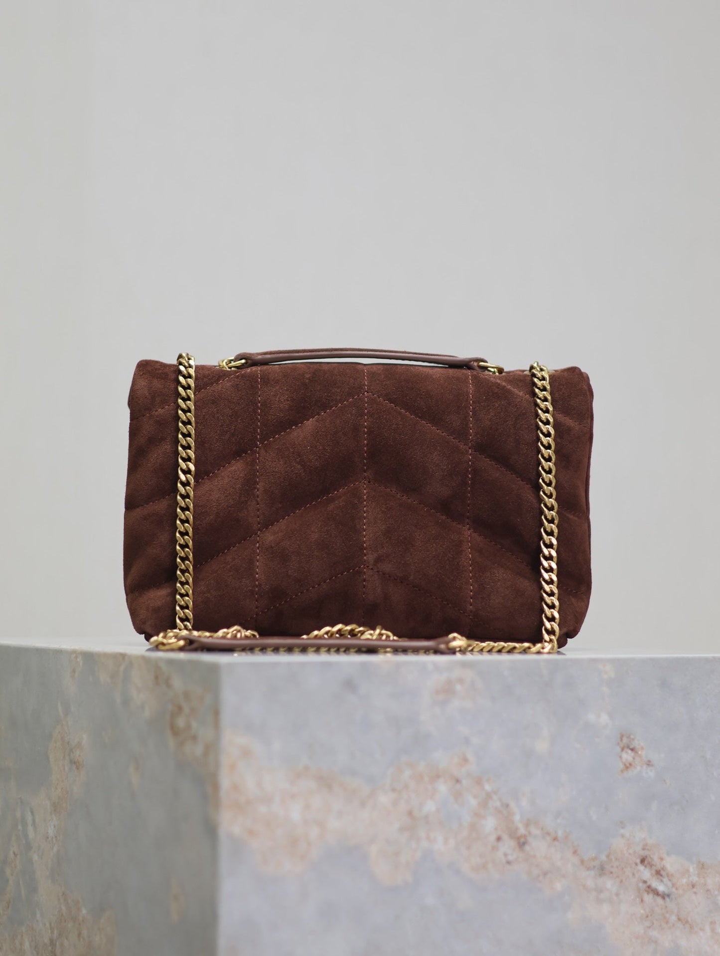 Luxury Saint Laurent PUFFER TOY 23 IN WALNUT BROWN SUEDE GOLD HARDWARE