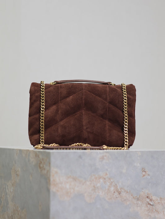Luxury Saint Laurent PUFFER TOY 23 IN WALNUT BROWN SUEDE GOLD HARDWARE