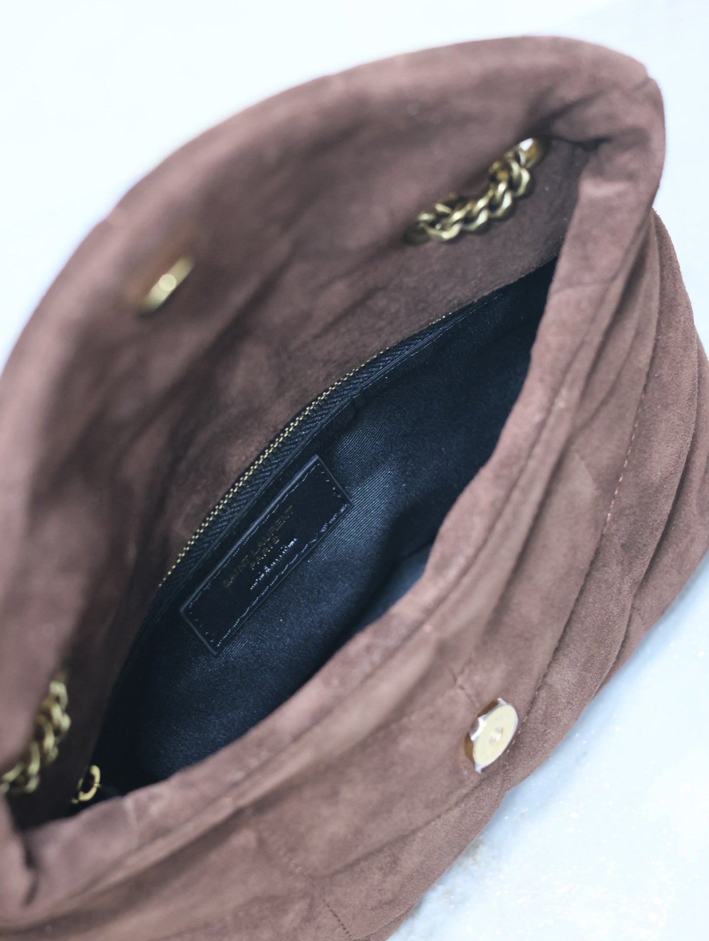 Luxury Saint Laurent PUFFER TOY 23 IN WALNUT BROWN SUEDE GOLD HARDWARE