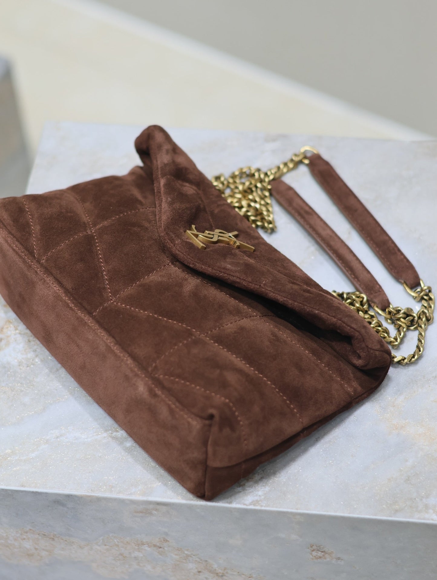 Luxury Saint Laurent PUFFER TOY 23 IN WALNUT BROWN SUEDE GOLD HARDWARE