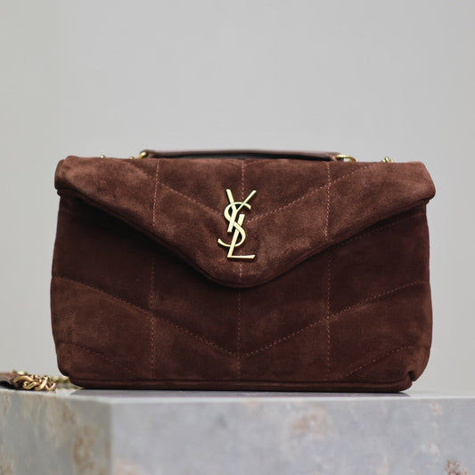 Luxury Saint Laurent PUFFER TOY 23 IN WALNUT BROWN SUEDE GOLD HARDWARE