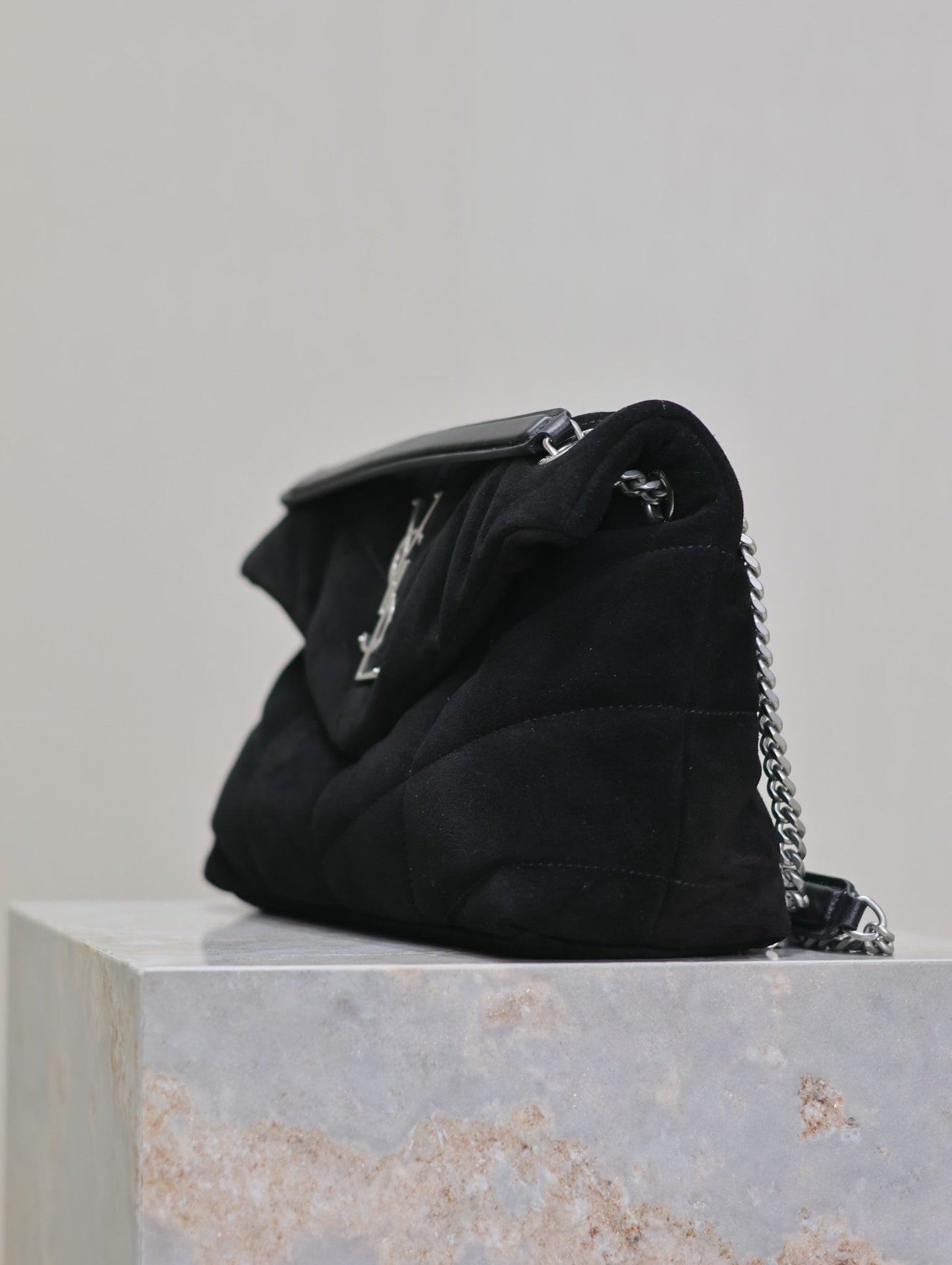 Luxury Saint Laurent PUFFER SMALL 29 IN BLACK SUEDE SILVER HARDWARE