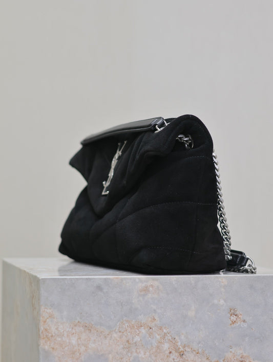 Luxury Saint Laurent PUFFER SMALL 29 IN BLACK SUEDE SILVER HARDWARE