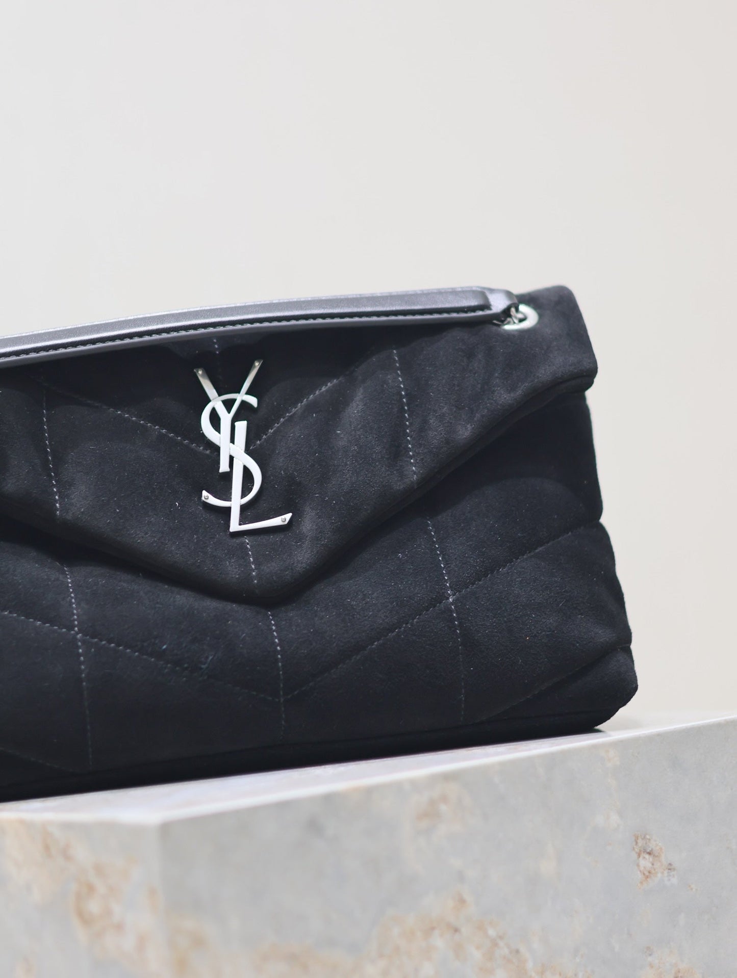 Luxury Saint Laurent PUFFER SMALL 29 IN BLACK SUEDE SILVER HARDWARE