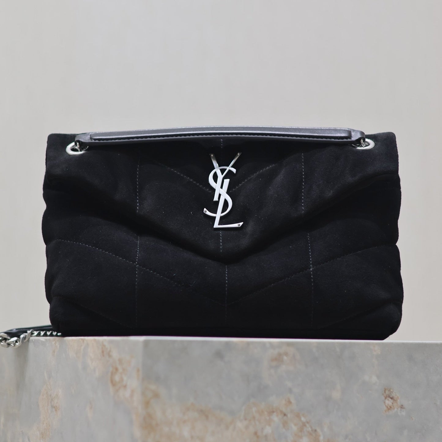 Luxury Saint Laurent PUFFER SMALL 29 IN BLACK SUEDE SILVER HARDWARE