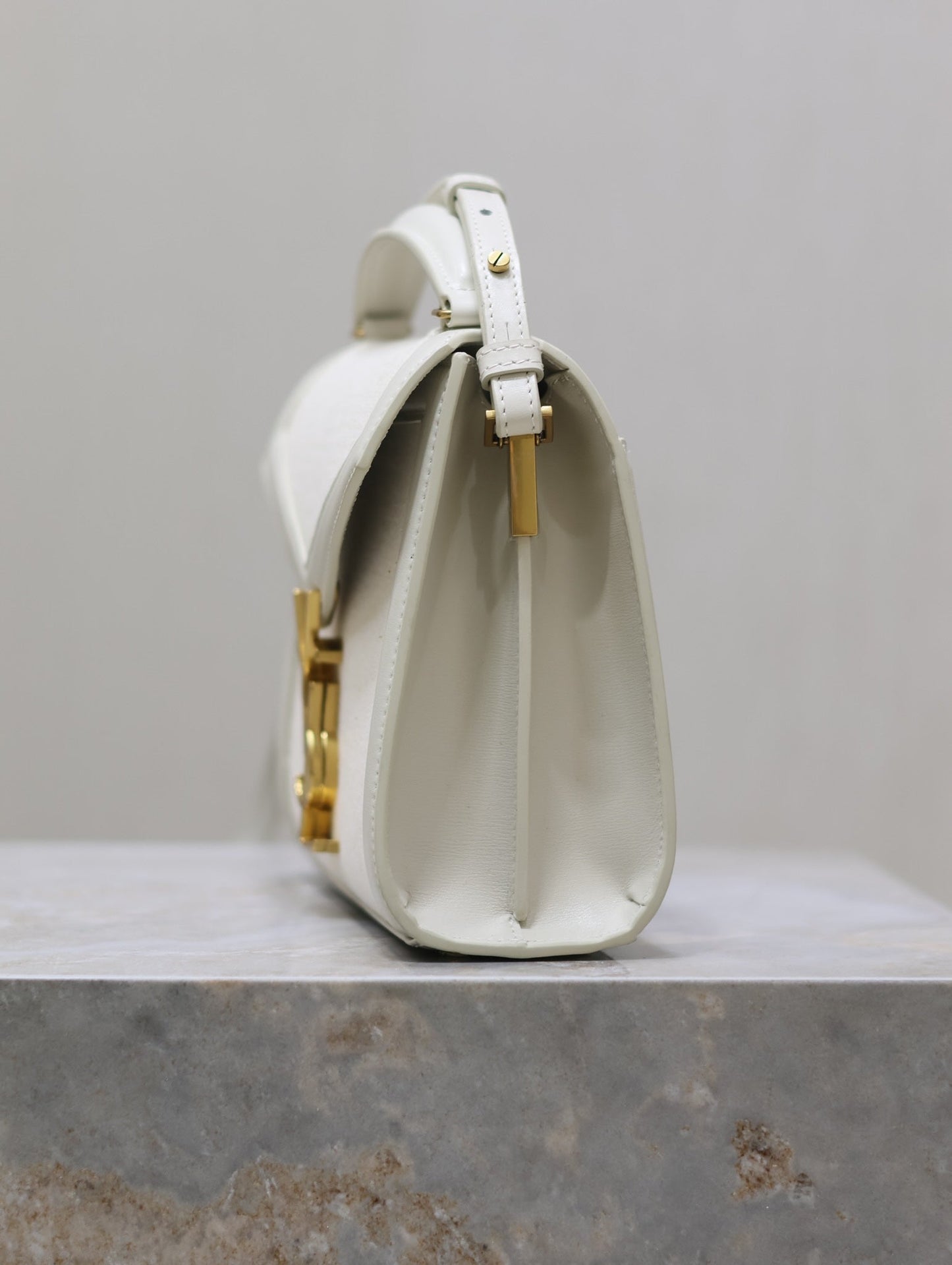 Luxury Saint Laurent CASSANDRA MINI TOP HANDLE BAG 20 IN WHITE CANVAS AND LEATHER TRIM