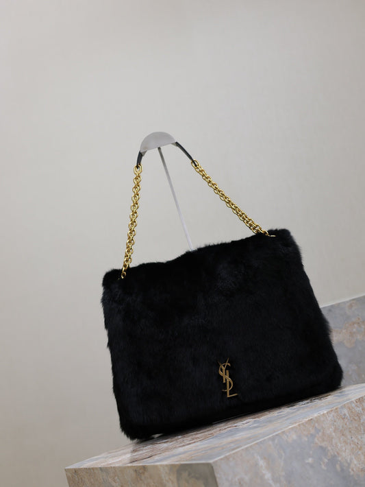 Luxury Saint Laurent JAMIE 4.3 LARGE BAG 43 IN BLACK LAMB FUR GOLD HARDWARE