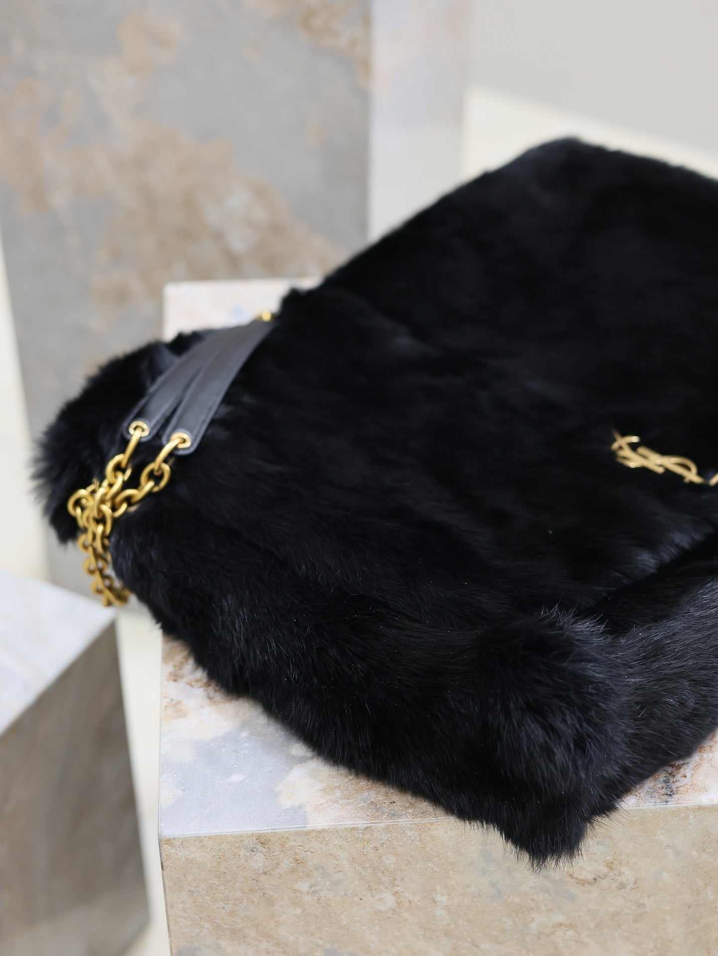 Luxury Saint Laurent JAMIE 4.3 LARGE BAG 43 IN BLACK LAMB FUR GOLD HARDWARE