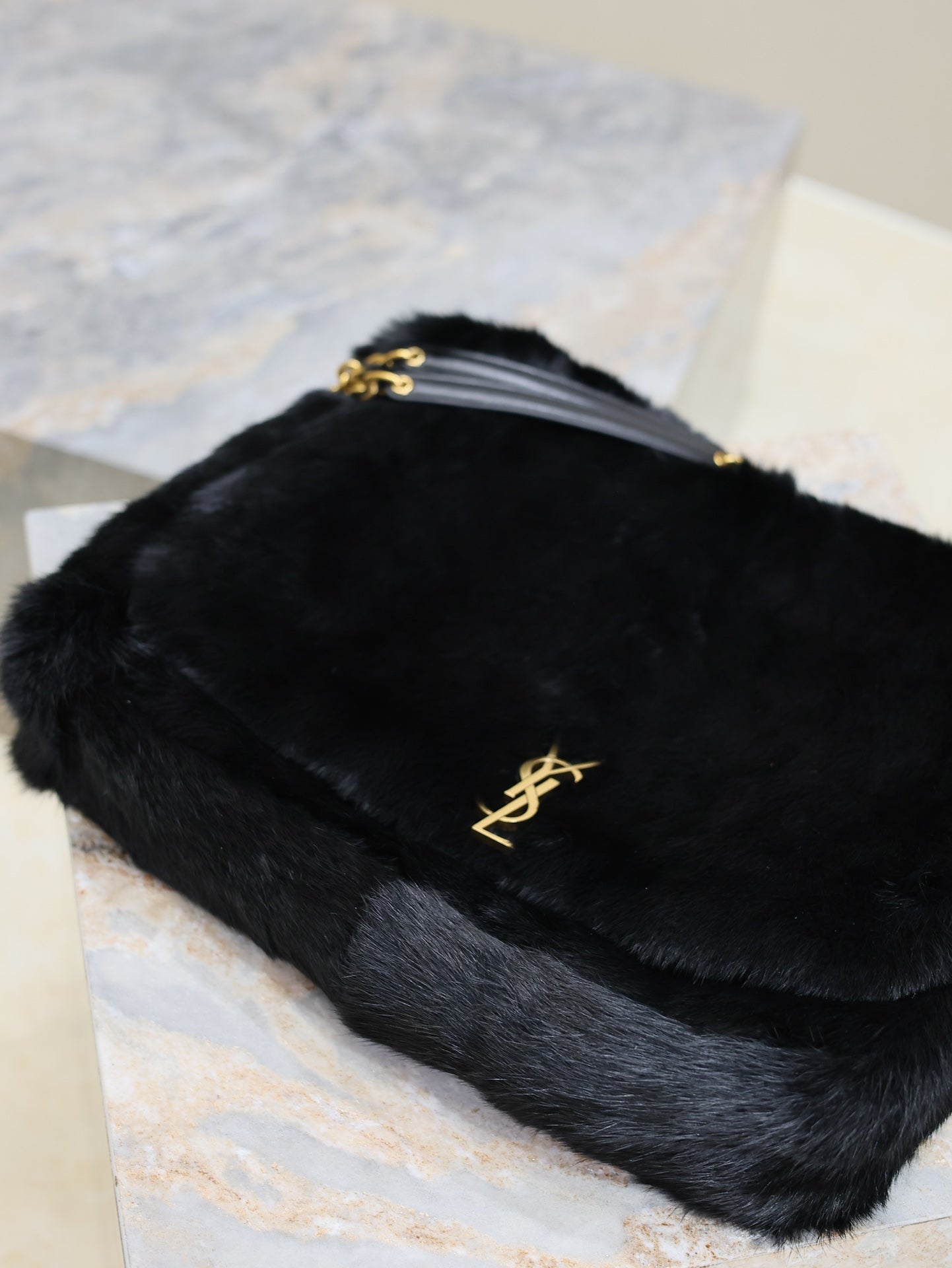 Luxury Saint Laurent JAMIE 4.3 LARGE BAG 43 IN BLACK LAMB FUR GOLD HARDWARE