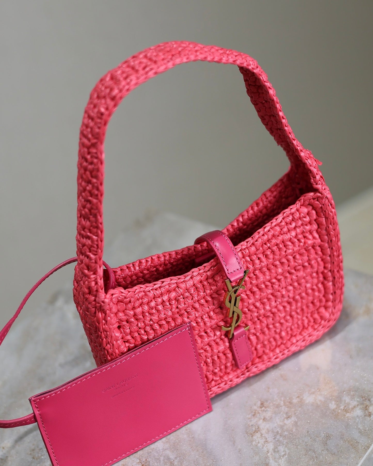 Luxury Saint Laurent LE 5 À 7 BAG  19 IN MAGENTA PINK WOVEN RAFFIA