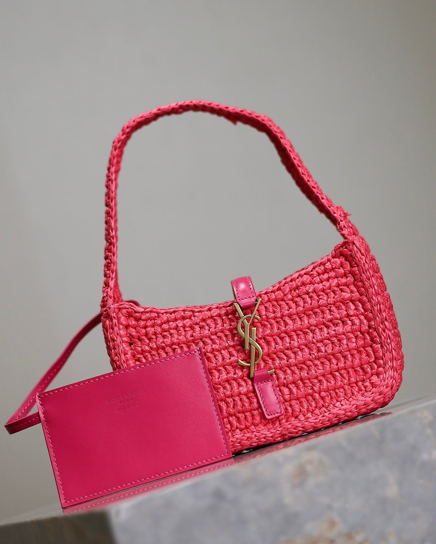 Luxury Saint Laurent LE 5 À 7 BAG  19 IN MAGENTA PINK WOVEN RAFFIA