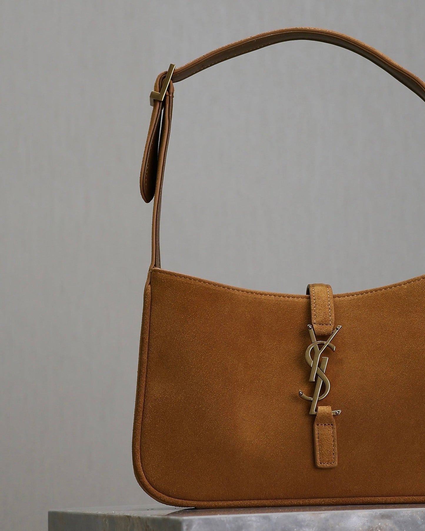 Luxury Saint Laurent LE 5 À 7 BAG  25 IN BRONZE BROWN SUEDE COPPER LOGO