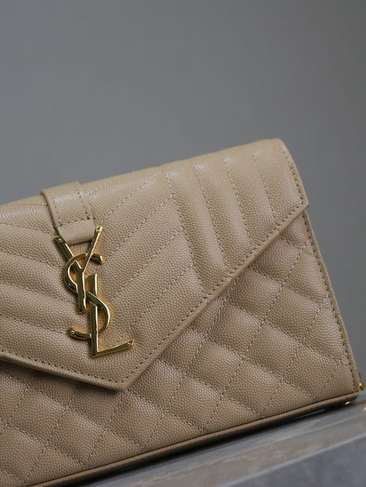 Luxury Saint Laurent ENVELOPE CHAIN BAG 22 IN SEPIA TAN LAMBSKIN GOLD HARDWARE