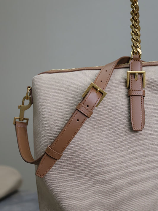 Luxury Saint Laurent TRAVEL BAG 48 IN WHITE CANVAS AND BROWN LEATHER TRIM GOLD HARDWARE