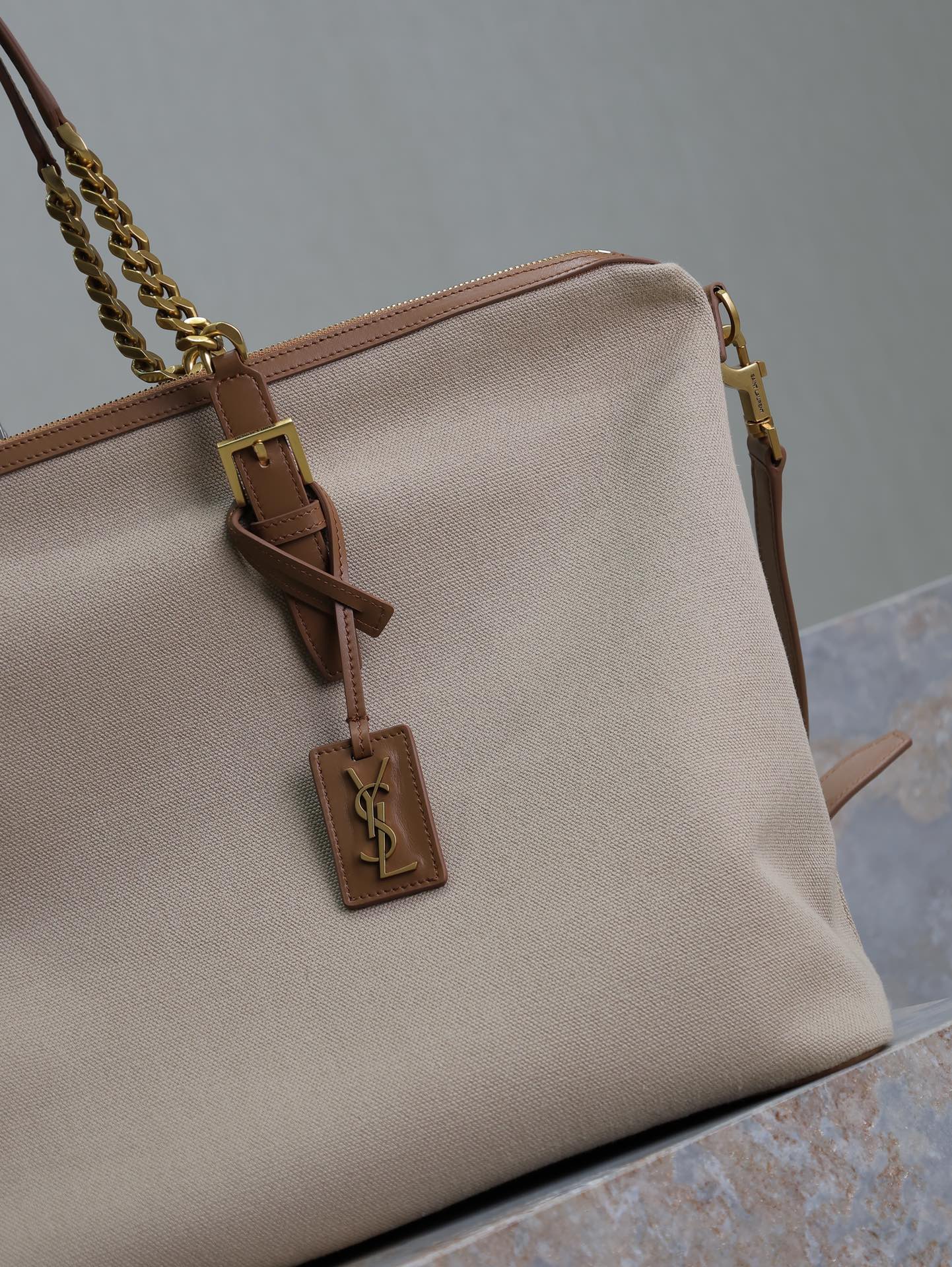 Luxury Saint Laurent TRAVEL BAG 48 IN WHITE CANVAS AND BROWN LEATHER TRIM GOLD HARDWARE