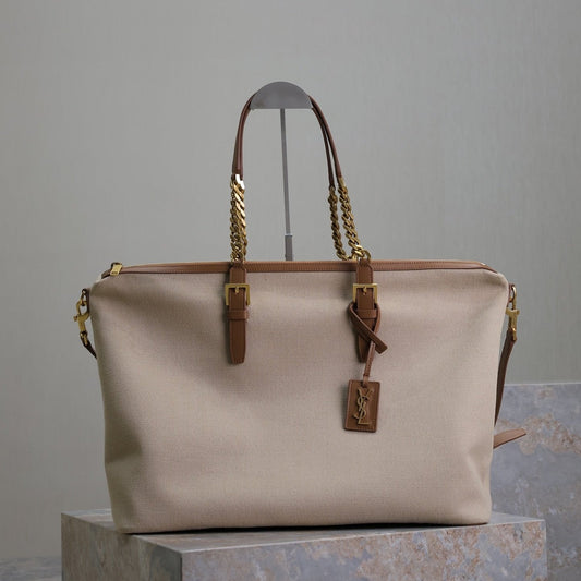 Luxury Saint Laurent TRAVEL BAG 48 IN WHITE CANVAS AND BROWN LEATHER TRIM GOLD HARDWARE