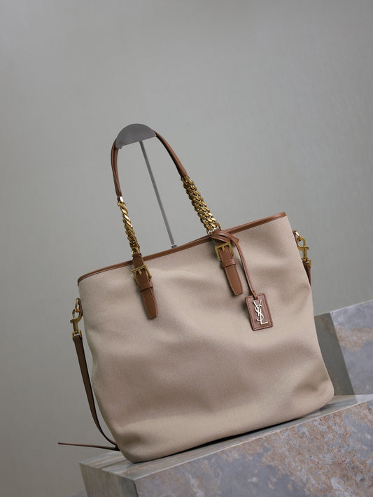 Luxury Saint Laurent TOTE BAG 38 IN WHITE CANVAS AND BROWN LEATHER TRIM GOLD HARDWARE