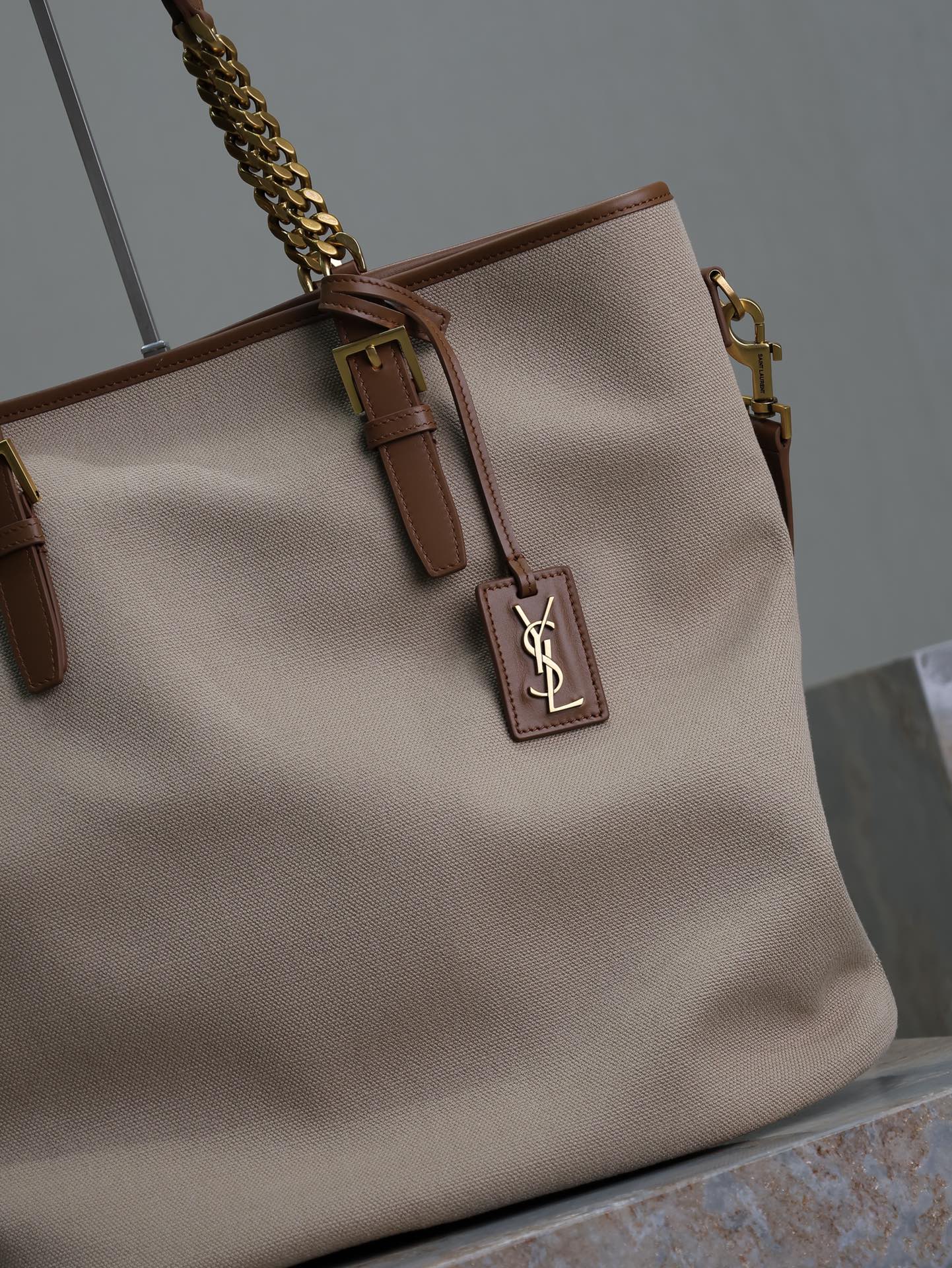 Luxury Saint Laurent TOTE BAG 38 IN WHITE CANVAS AND BROWN LEATHER TRIM GOLD HARDWARE