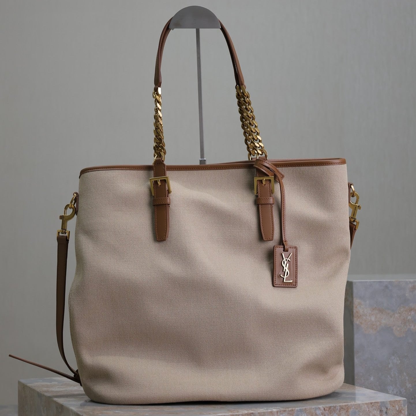 Luxury Saint Laurent TOTE BAG 38 IN WHITE CANVAS AND BROWN LEATHER TRIM GOLD HARDWARE