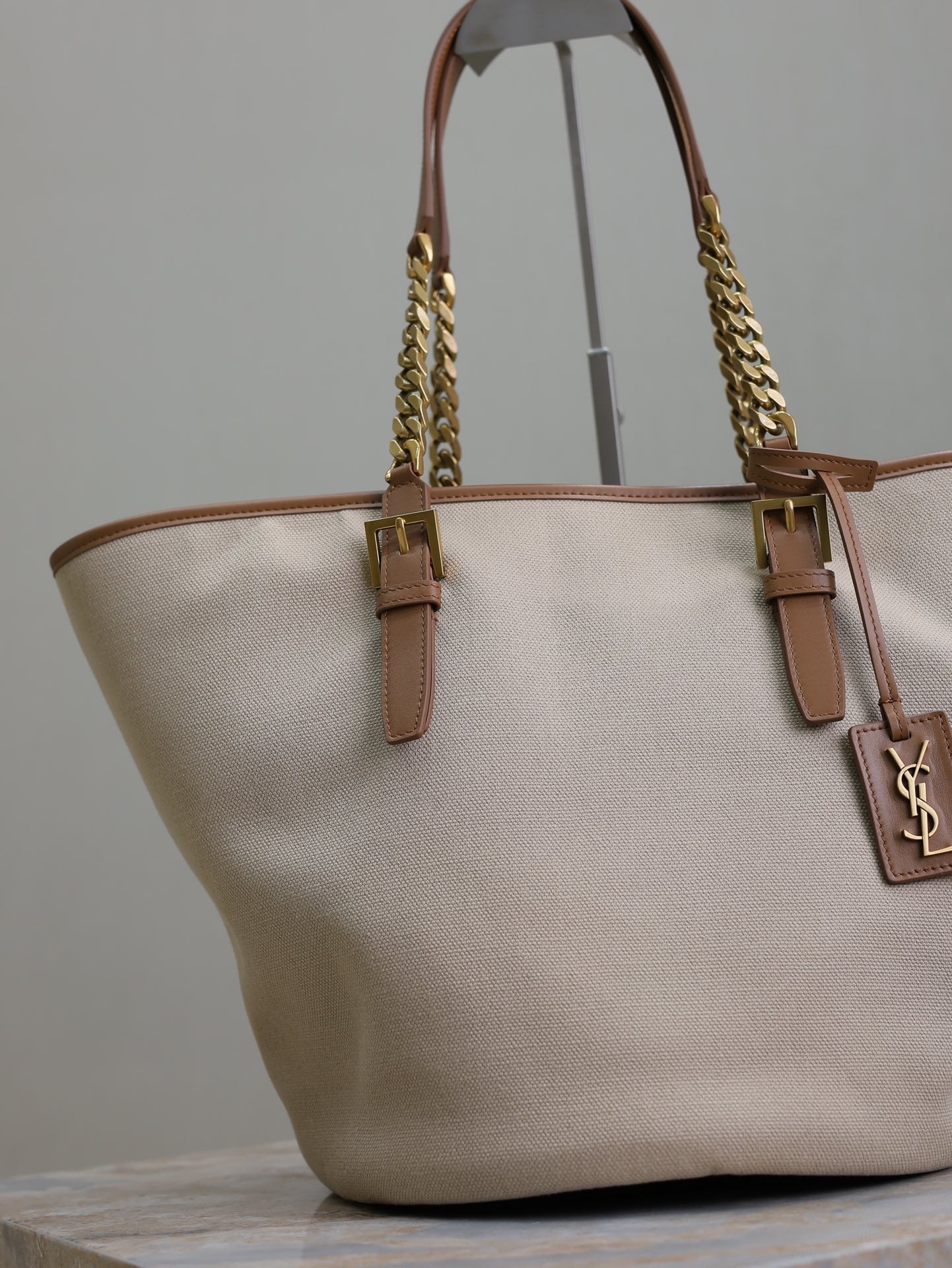 Luxury Saint Laurent TOTE BAG 47 IN WHITE CANVAS AND BROWN LEATHER TRIM GOLD HARDWARE