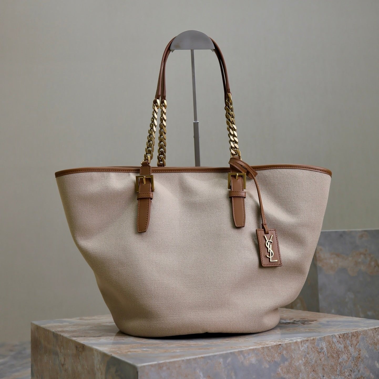 Luxury Saint Laurent TOTE BAG 47 IN WHITE CANVAS AND BROWN LEATHER TRIM GOLD HARDWARE