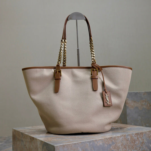 Luxury Saint Laurent TOTE BAG 47 IN WHITE CANVAS AND BROWN LEATHER TRIM GOLD HARDWARE