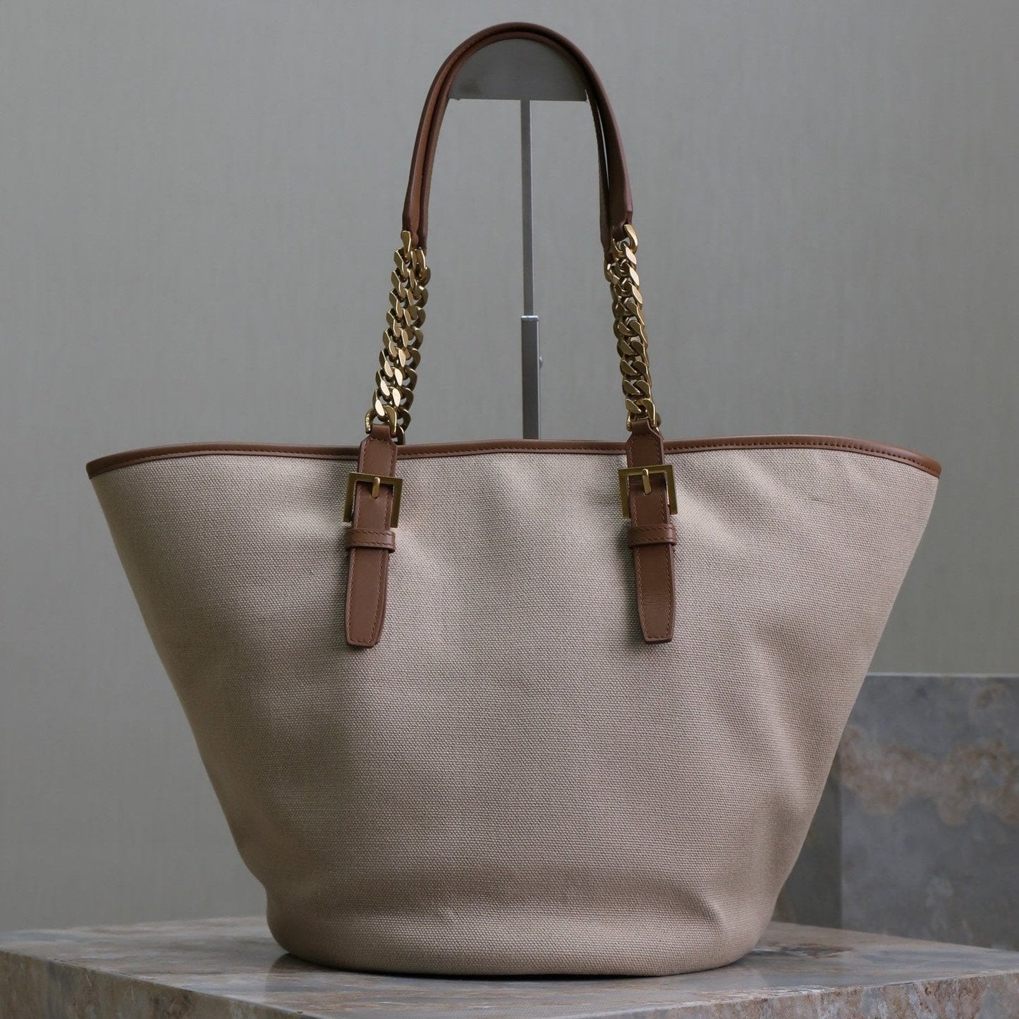 Luxury Saint Laurent TOTE BAG 47 IN WHITE CANVAS AND BROWN LEATHER TRIM GOLD HARDWARE