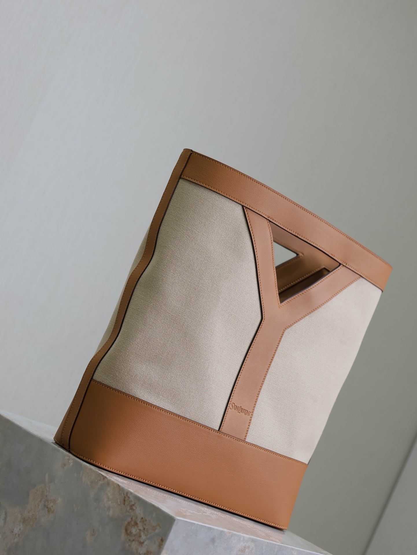 Luxury Saint Laurent HANDBAG 33 IN WHITE CANVAS AND BROWN CALFSKIN