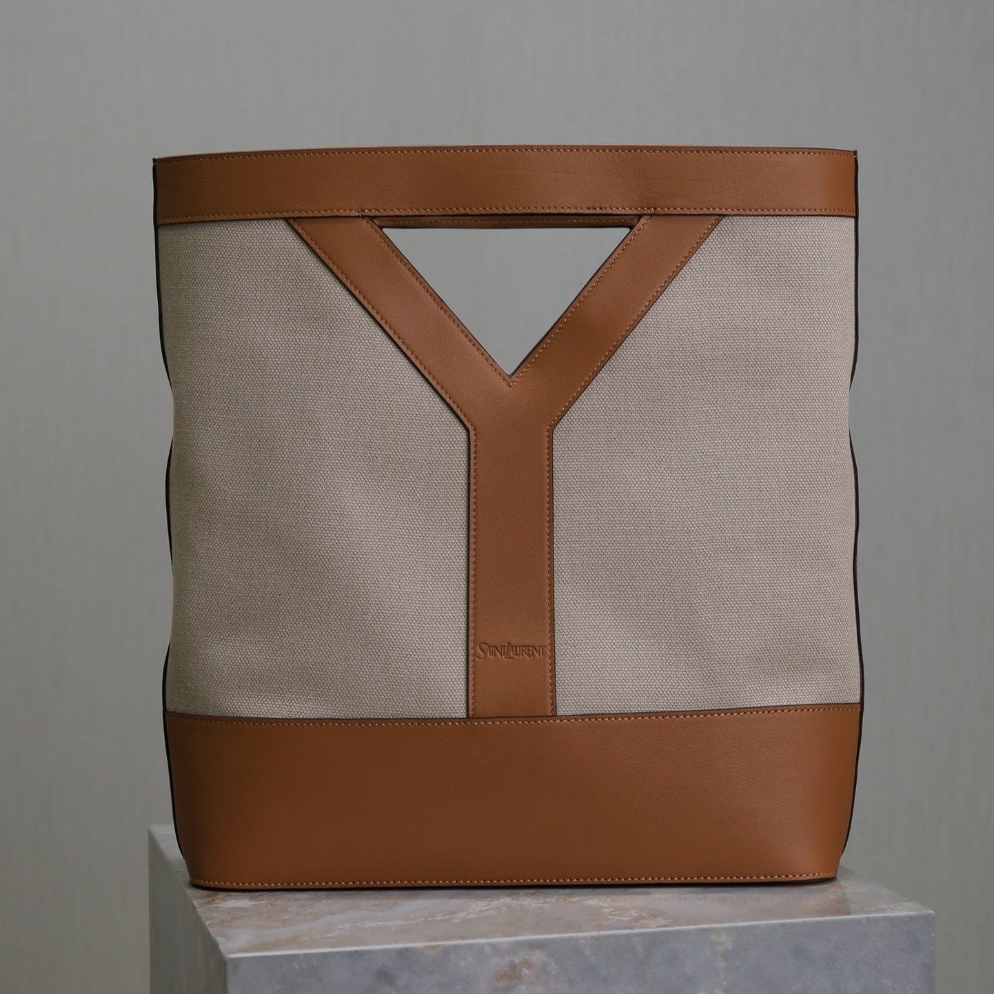 Luxury Saint Laurent HANDBAG 33 IN WHITE CANVAS AND BROWN CALFSKIN