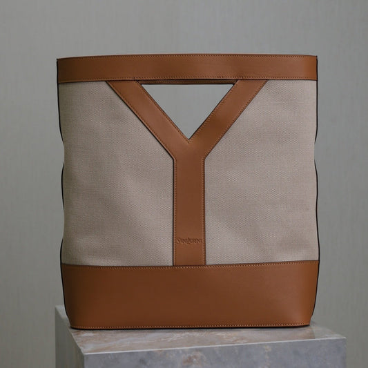 Luxury Saint Laurent HANDBAG 33 IN WHITE CANVAS AND BROWN CALFSKIN