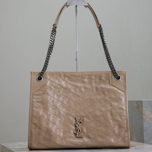 Luxury Saint Laurent NIKI SHOPPING BAG 33 IN LIGHT BROWN CRUMPLED CALFSKIN