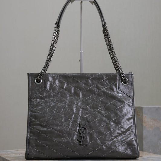 Luxury Saint Laurent NIKI SHOPPING BAG 33 IN GRAY CRUMPLED CALFSKIN