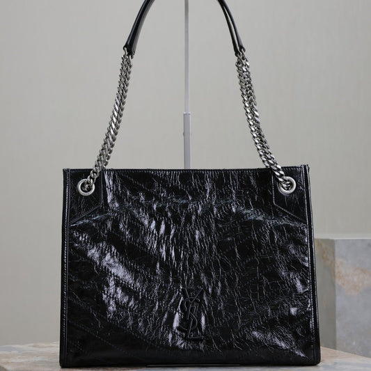 Luxury Saint Laurent NIKI SHOPPING BAG 33 IN BLACK CRUMPLED CALFSKIN SILVER HARDWARE