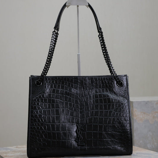 Luxury Saint Laurent NIKI SHOPPING BAG 33 IN BLACK CROCODILE-EMBOSSED CALFSKIN