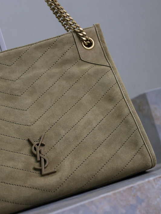 Luxury Saint Laurent NIKI SHOPPING BAG 33 IN ECRU BEIGE SUEDE GOLD HARDWARE