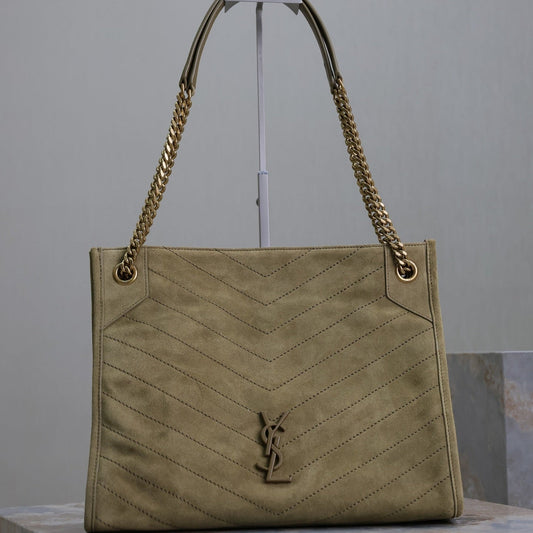 Luxury Saint Laurent NIKI SHOPPING BAG 33 IN ECRU BEIGE SUEDE GOLD HARDWARE
