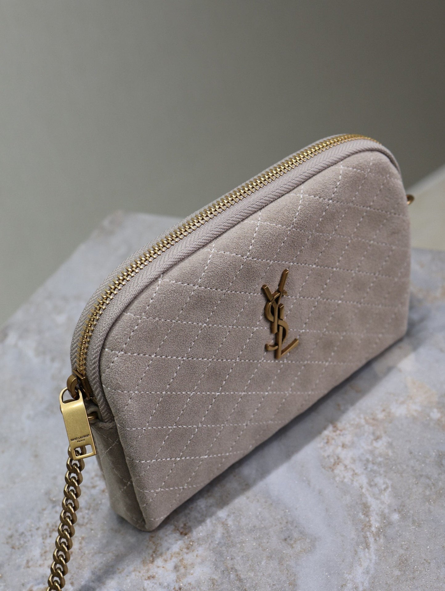 Luxury Saint Laurent GABY ZIPPED POUCH 19 IN GRAY MATTE SUEDE GOLD HARDWARE