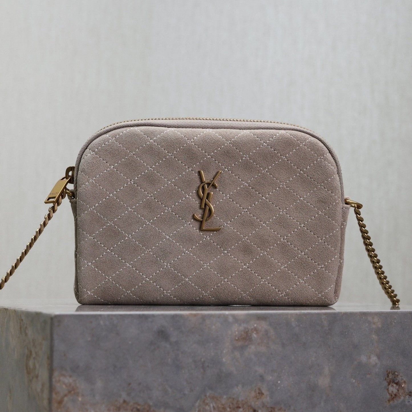 Luxury Saint Laurent GABY ZIPPED POUCH 19 IN GRAY MATTE SUEDE GOLD HARDWARE